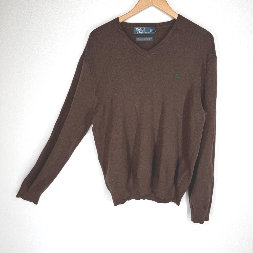 Polo Ralph Lauren Mens Brown Pima Cotton V Neck Pony Logo Sweater Large Preppy